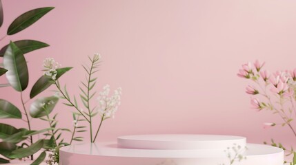Aufkleber - Podium stand showcase on pastel light pink background and flowers for premium product with nature plant leaves3d render : Generative AI
