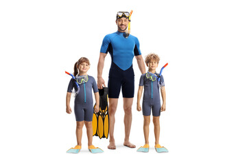 Sticker - Full length portrait of man and children in a wetsuits with snorkeling equipment