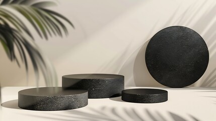 Poster - Black geometric stone background display podium for product  mockups  3d trade show display advertising on sandy background blurred natural bokeh luxury modern luxury Business for cosm : Generative AI