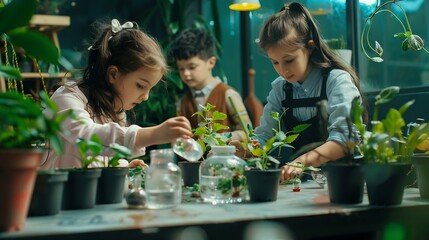 Aufkleber - Science students and curious of plants children and teacher with container of sample of nature Classroom woman and kids with observation on table learning and growth with development i : Generative AI