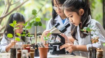 Aufkleber - Learning students and children in classroom for microscope teacher and science for experiment of plants Container sample and observation of nature growth and development of kids with e : Generative AI