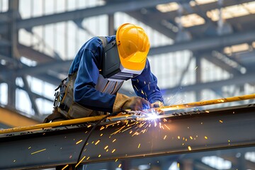 Leinwandbilder - a man is welding the steel structure, wearing safety gloves : Generative AI