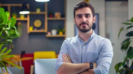 Aufkleber - Business man and confident for portrait in office with ideas planning and information of startup company Male person pride and arms crossed for solution brainstorming and research of p : Generative AI