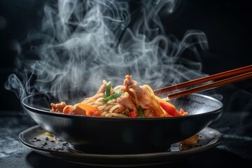 Poster - Chicken and vegetable stir fry with udon noodles served on a black background Steaming chicken in a hot wok accompanied by chopsticks and sauce