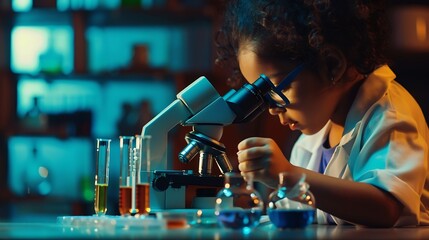 Fototapete - little scientist looking through a microscope and test tubes filled with chemicals for learning about science and experiments : Generative AI