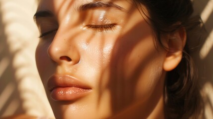natural young woman with clean skin in sunlight with shadows on face beauty closeup of a brunette gi