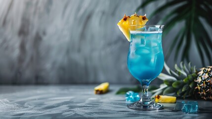 Poster - Boozy Blue Hawaii Cocktail with Rum and Pineapple on gray background : Generative AI