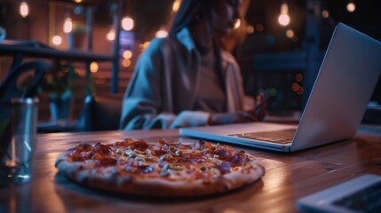 Aufkleber - Business meeting laptop and people for design at night in office creative agency and overtime food for project Teamwork support and problem solving in pizza planning for deadline and d : Generative AI
