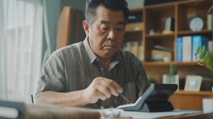 Poster - Asian man is using a calculator to calculate his familys monthly miscellaneous expenses at his home : Generative AI