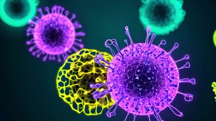 Poster - Four viruses of different colors float against a dark blue-green background.