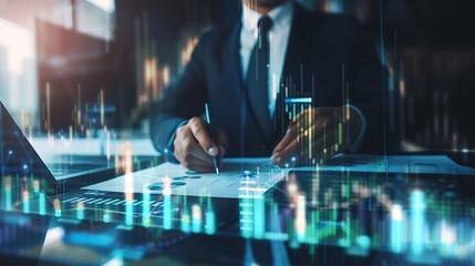 Aufkleber - Businessman finance analyst analyzing financial report and economic growth graph chart Business strategy planning and solution budget management business success finance investment bac : Generative AI