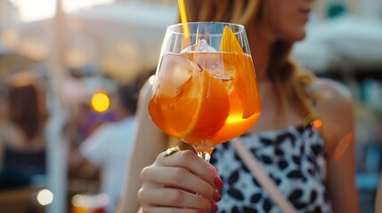 Poster - Woman drinking iced summer cocktail aperol spritz : Generative AI