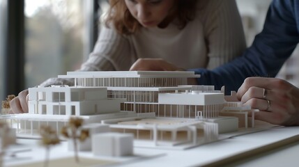 Close up of man and women analyzing building model to plan construction design and structure People looking at maquette layout to work on architectural development and urban project : Generative AI