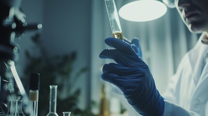 Aufkleber - lab research scientific agriculture science test analyzing analysis microbiology laboratory A researcher is holding a test tube with a liquid in it representation of the scientific pro : Generative AI