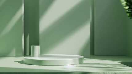 Leinwandbilder - Abstract minimal scene with geometrical form Cylinder podium on green background Abstract background Scene to show cosmetic podructs Showcase display case 3d render : Generative AI
