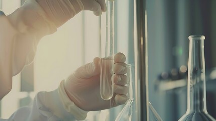 Poster - Healthcare science and hands with glass tube in lab for chemistry research testing or investigation Medicine innovation and scientist person with sample for chemical development or med : Generative AI