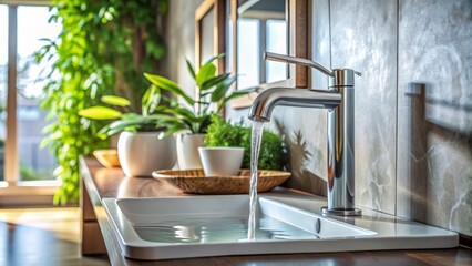 Modern Bathroom Sink with Running Water, Ceramic Sink, Chrome Faucet, Wooden Countertop, bathroom design, interior design, water