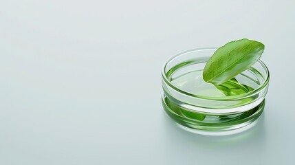 minimal scene over white background with a stack of two glass petri dishes containing green liquid a