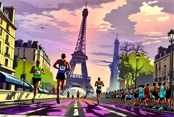 Sports games 2024 in Paris France. Athletes running, sports event, Eiffel tower background