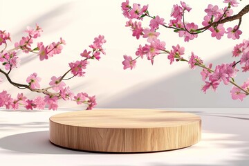 Wall Mural - empty wooden podium for product presentation with spring flowers and shadows on white background