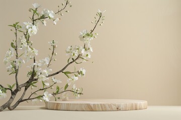 Wall Mural - empty wooden podium with geometric stand displaying product against spring floral background