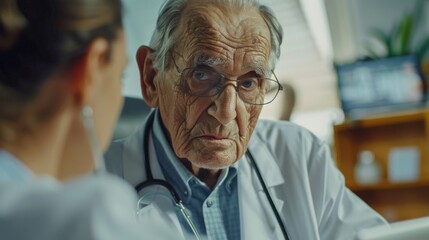 A senior doctor examines a female patient, wearing a stethoscope and sitting comfortably