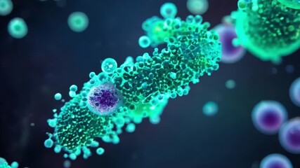 Leinwandbilder - A close-up of vibrant green and purple cells interacting with each other in a dark blue background.