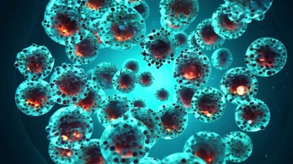 Aufkleber - Numerous round, translucent cells with red internal structures float in a blue liquid.