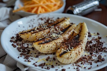 Wall Mural - Grilled Banana with Chocolate and Cheese topped with chocolate sprinkles and cheddar cheese on a white plate