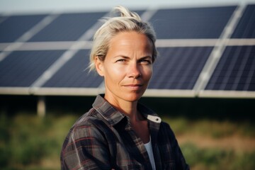 Wall Mural - Portrait of a middle aged female Caucasian engineer on solar farm