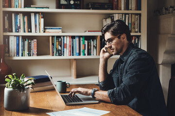 Canvas Print - Phone call, laptop and business man at desk for conversation, project feedback or schedule meeting. Remote work, contact and person talking on mobile for planning, advice or consulting in home office