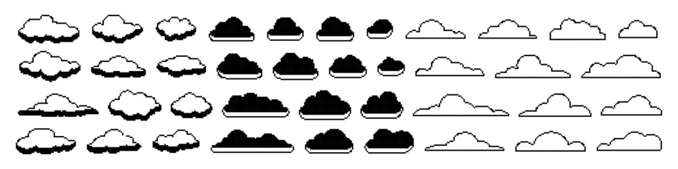 Poster - Pixel clouds. Retro 8 bit blue sky aerial cloud pixel art. Digital clouds pixel art icon set. Flying white computer clouds on blue sky.