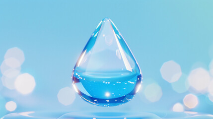 Poster - Water Droplet in Focus with Glowing Reflection on Surface. Stunning Macro Photography of Water and Droplet. Captivating Blue Background with Soft Bokeh Effect