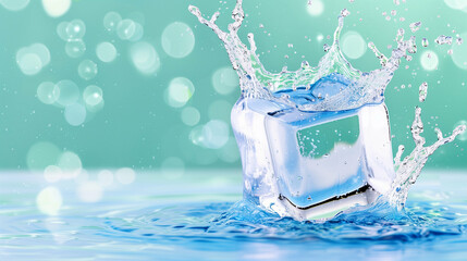 Poster - Ice Cube Splashing in Water with Refreshing Bubbles and Blurred Background. Beautiful Water Splash and Ice Set Against a Soft Focus Green Backdrop