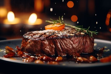 Close up of a medium rare steak served in a restaurant