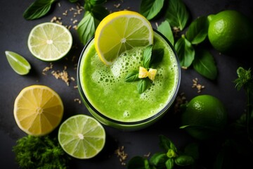 Top view of a healthy green smoothie or shake on countertop