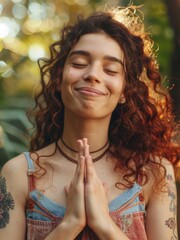 A woman praying with her eyes closed and hands folded, a moment of introspection