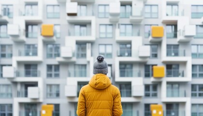 A person in a yellow jacket gazes at modern architecture with unique geometric designs and vibrant accents in an urban setting.