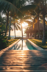 Wall Mural - View from the wooden deck of the infinity pool on the beach, ocean and tall palm trees.