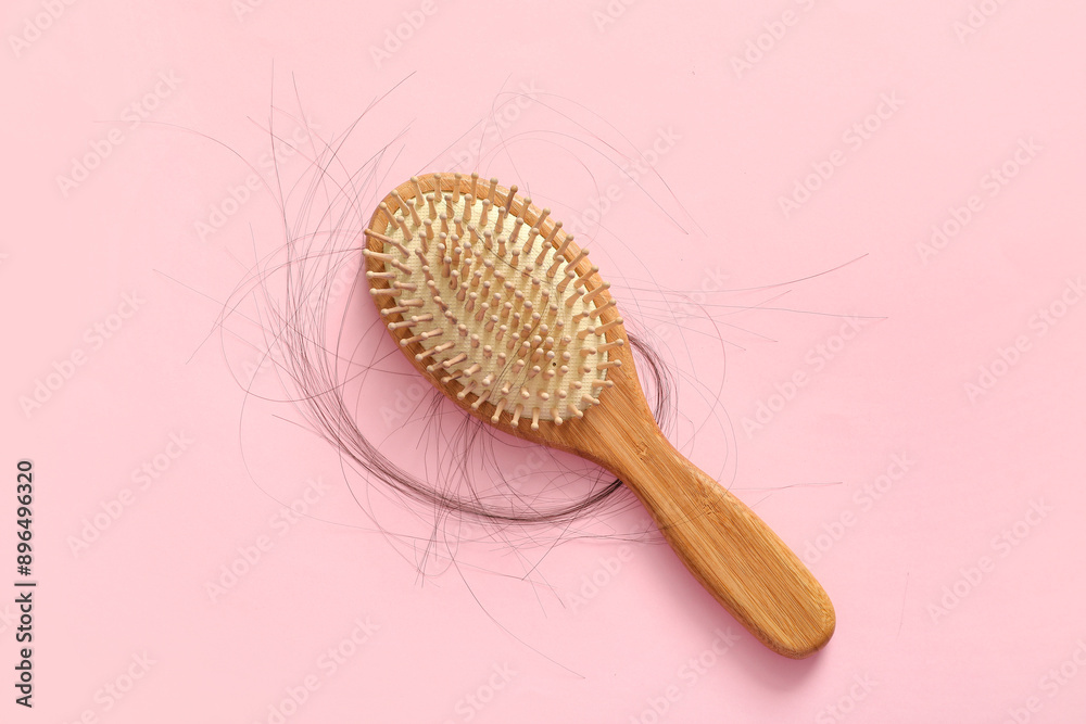 Brush with hair strand on pink background. Hair loss problem