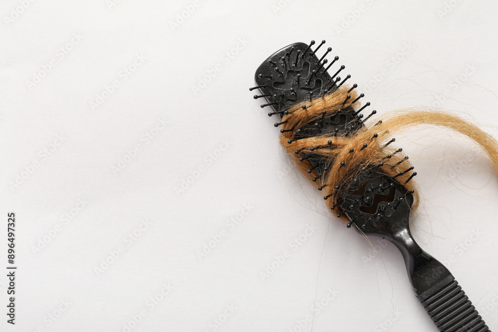 Brush with hair strand on light background. Hair loss problem