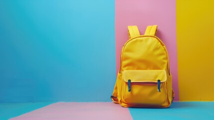 Sticker - Student s yellow backpack on vibrant background for education concept