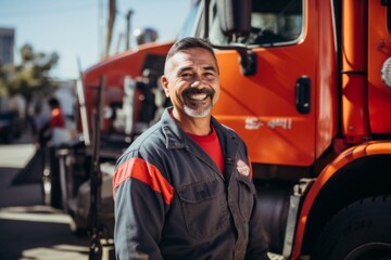 Wall Mural - Portrait of a smiling middle aged male truck driver standing in front