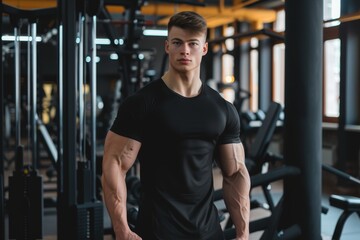 Wall Mural - Fit Caucasian bodybuilder with a nourished body displaying a sexy appearance in a black T shirt at the gym promoting healthcare and a healthy lifestyle