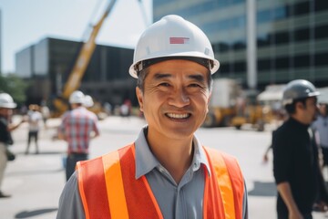 Wall Mural - Portrait of a mature Asian businessman on construction site