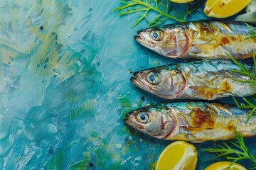 Fried pilchard on green table resembling blue fish