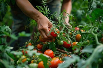 Person harvesting fresh tomatoes