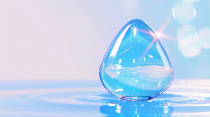 Poster - Water droplet reflecting light on clear water surface. Beautiful blue droplet creating ripples in calm water. Refreshing natural scene with sparkling highlights