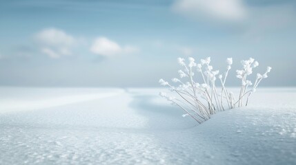 A serene winter landscape showcasing delicate plants emerging from soft white snow under a tranquil blue sky.