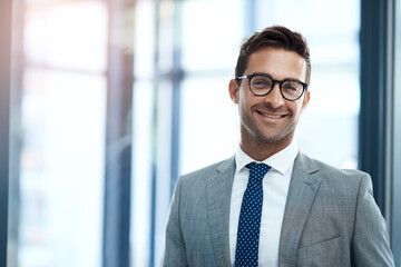 Poster - Businessman, portrait and happy banker in finance with smile, confidence and investment banking career. Face, proud or professional broker in financial company, modern office or corporate institution